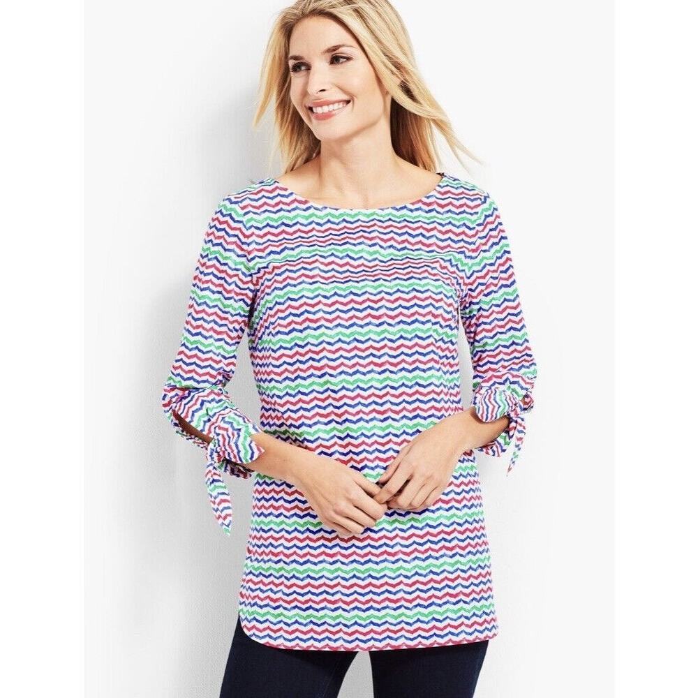 Talbots Tunic Medium Colorful Whale Tail Wavy‎ Print Tie Sleeve Popover Blouse